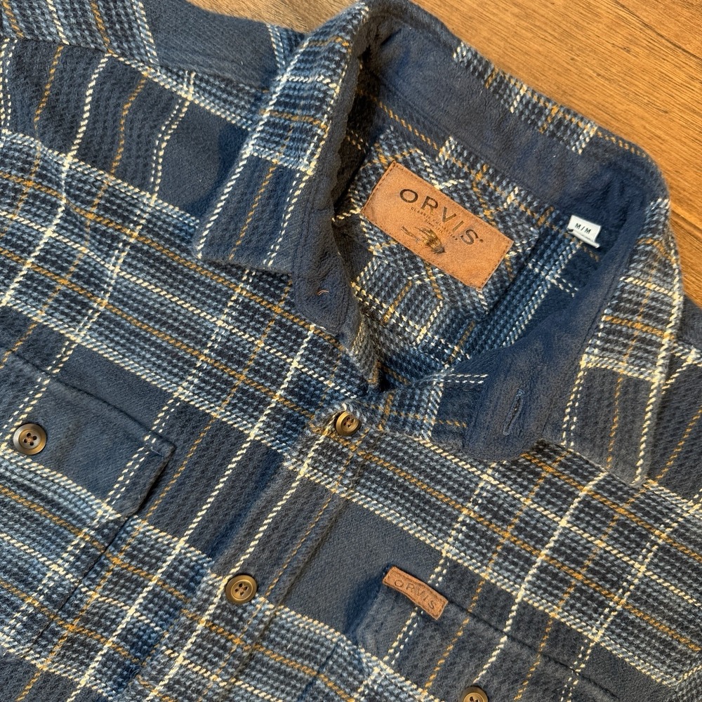 Orvis Heavyweight Flannel Button Shirt Jacket Shacket Medium Blue‎ Plaid Pockets